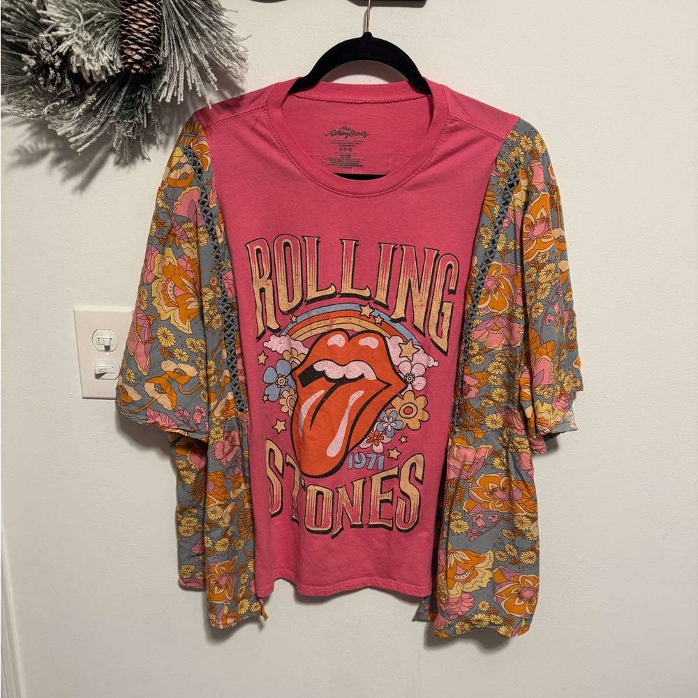 Custom Pink Rolling Stones Graphic Tee with Floral Sleeves - Picture 2 of 7